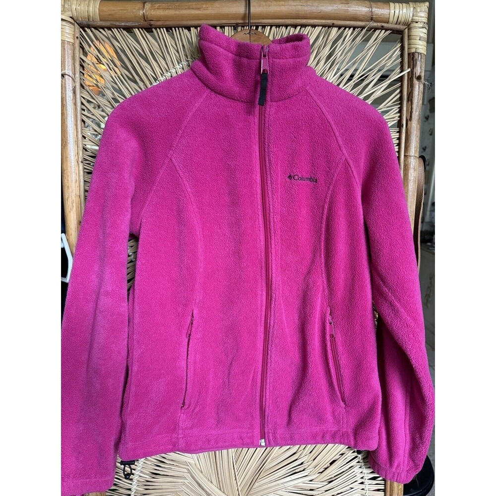 Columbia Size Medium Womens Hooded Fleece Jacket Bright Pink Full Zip Pockets